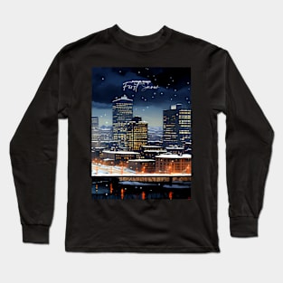 Portland Oregon First Snow: First Snow Scene in Downtown Portland, Oregon on a Dark Background Long Sleeve T-Shirt